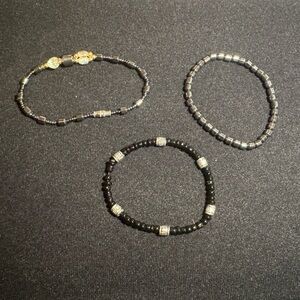 3 set- Silver black  Beaded Stretch Bracelets- Women's Jewelry